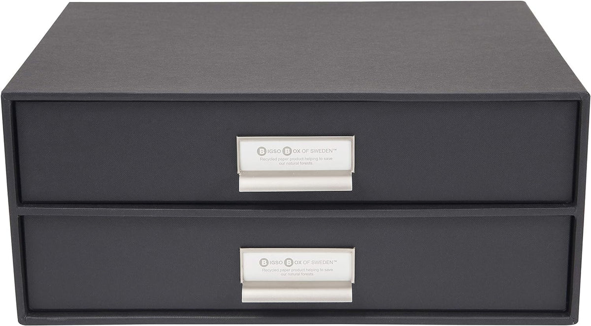 Bigso Box of Sweden Birger 2-Drawer Fiberboard Label Frame Document Letter Box | Desktop Drawers for Loose Papers, Documents & More with Metal Label Holder | 13.1" x 10" x 5.7" | White