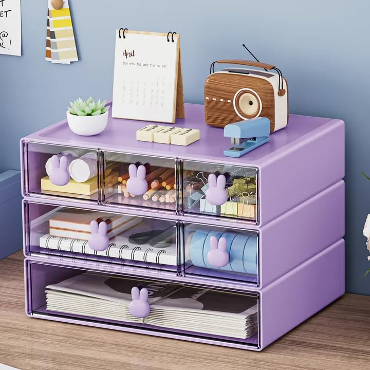 Marbrasse Desk Organizer with 6 Drawers, 3 Tier Stackable Storage Drawers Plastic Makeup Storage, Office Organizers and Storage, Desk Storage Box for Office, School, Home Pink