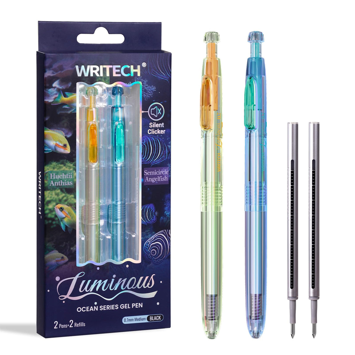 WRITECH Gel Pens Medium Point: Luminous pen set 0.7mm, Black Ink, Includes 2 Pens and 2 Refills, Silent Clicker, Smooth Writing for School Office & Everyday Use