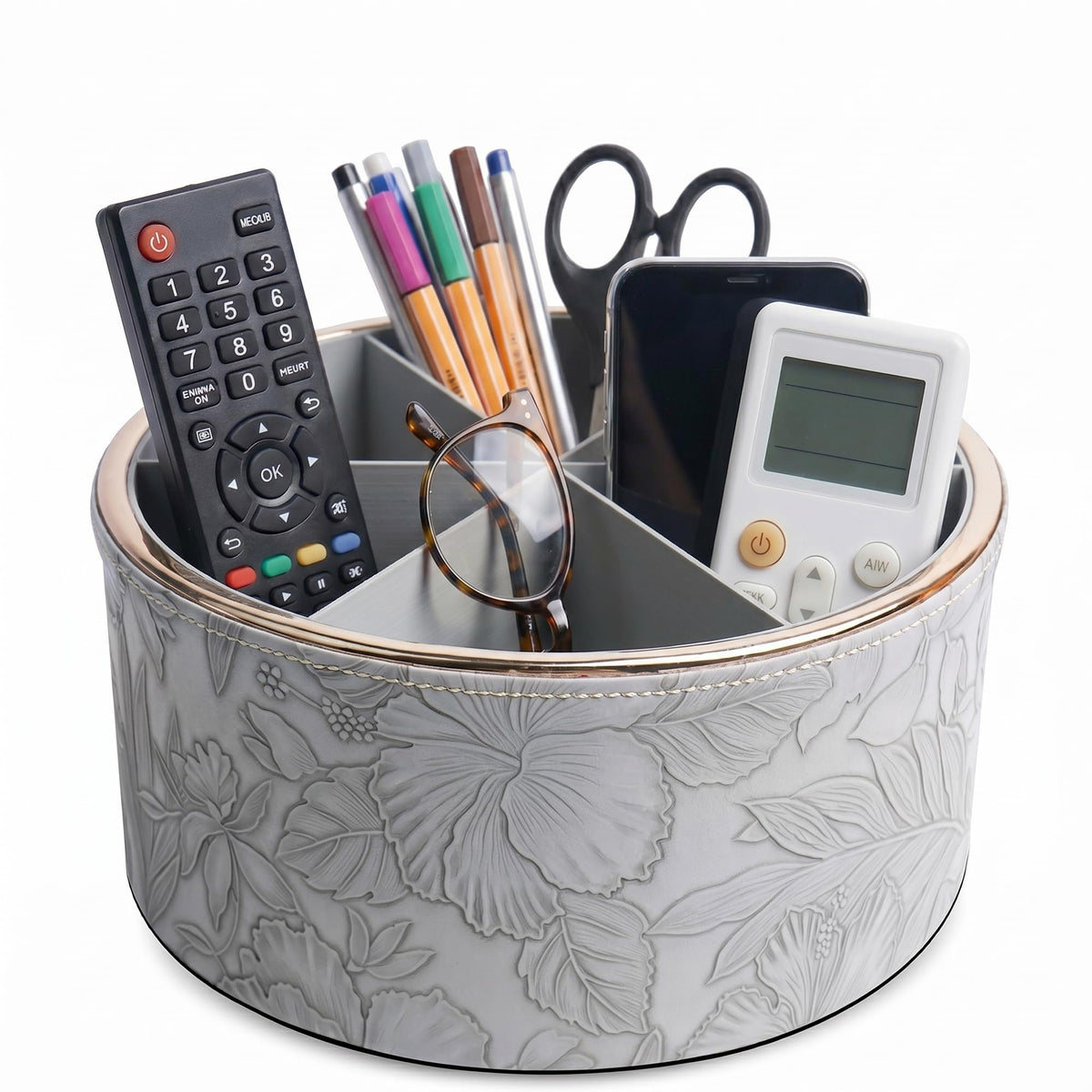 Round Leather Art Supply Organizer,Remote Control Holder,360 Degree Rotating,Multi-Functional Pencil Holder,4 Compartments Desktop Stationary Organizer(1-Fractal Flower)