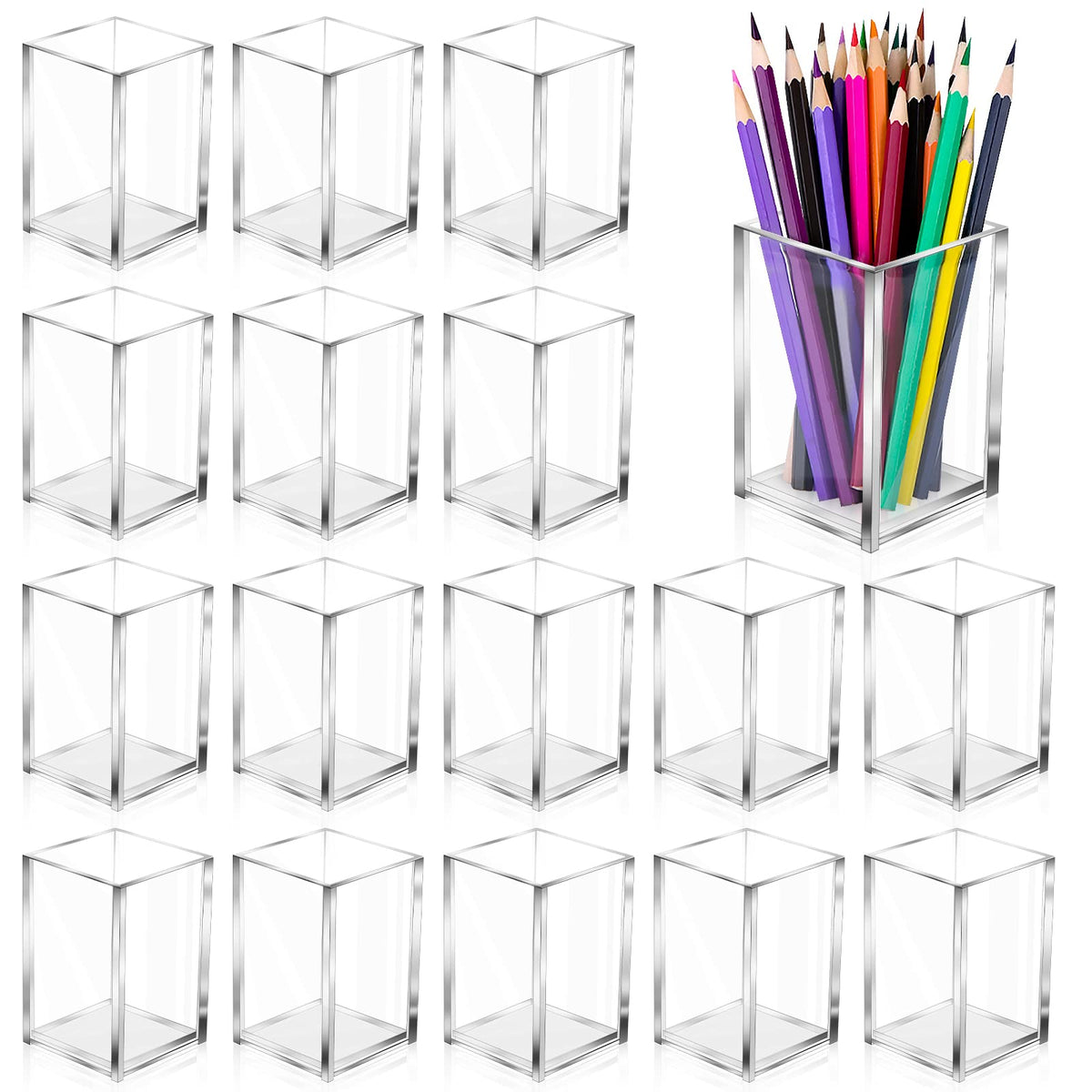 10 Pack Clear Acrylic Pen Holder Makeup Brush Holder Desktop Pencil Organizer Acrylic Pencil Cup Stationery Organizer Accessory for School Makeup Desk Office Pen Organizer