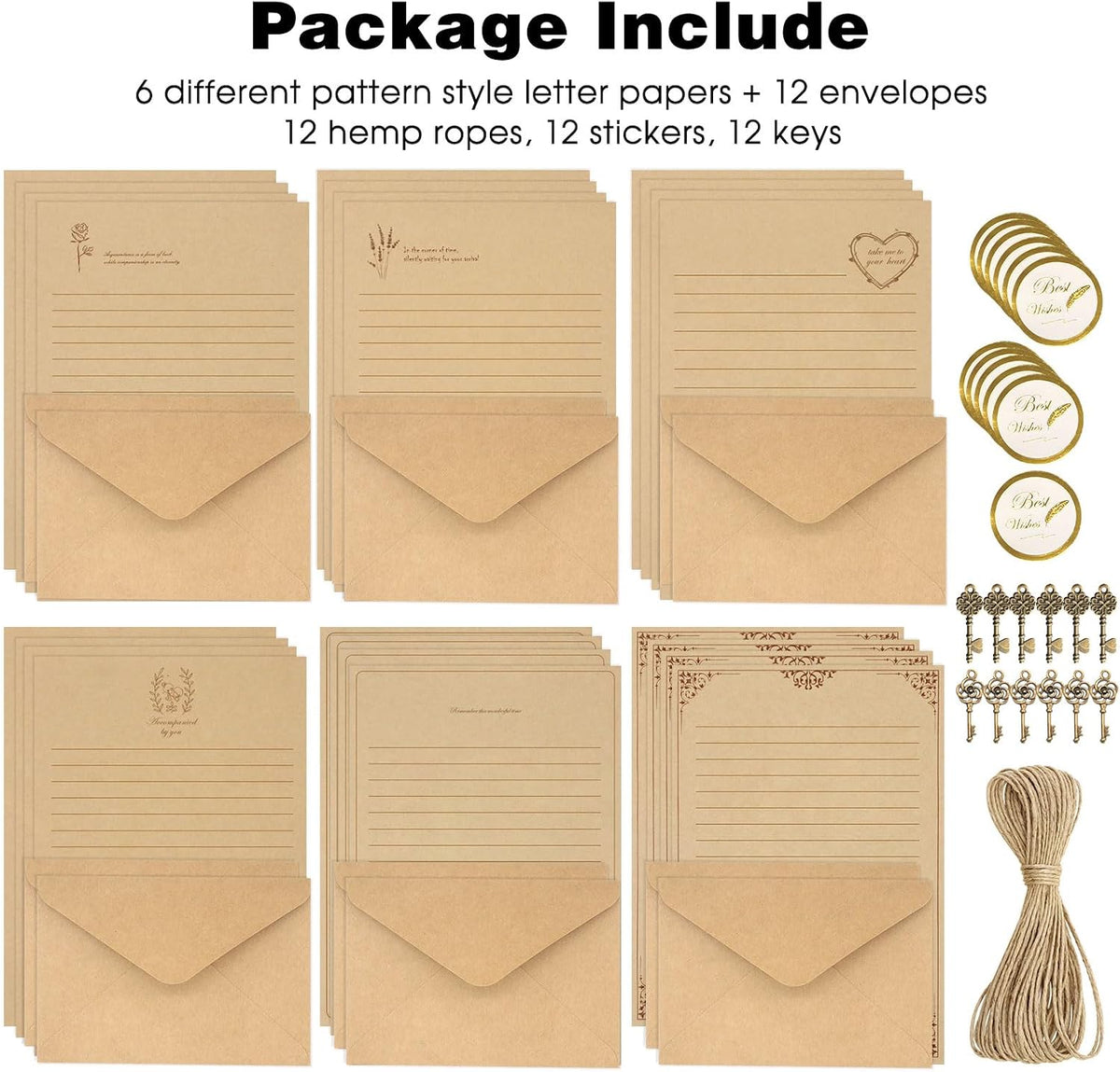 KSIWRE 72 PCS Vintage Stationery Set,24 Stationery Writing Papers with 12 Matching Envelopes,Old Looking Stationary Kit for Writing Letters and Invitations