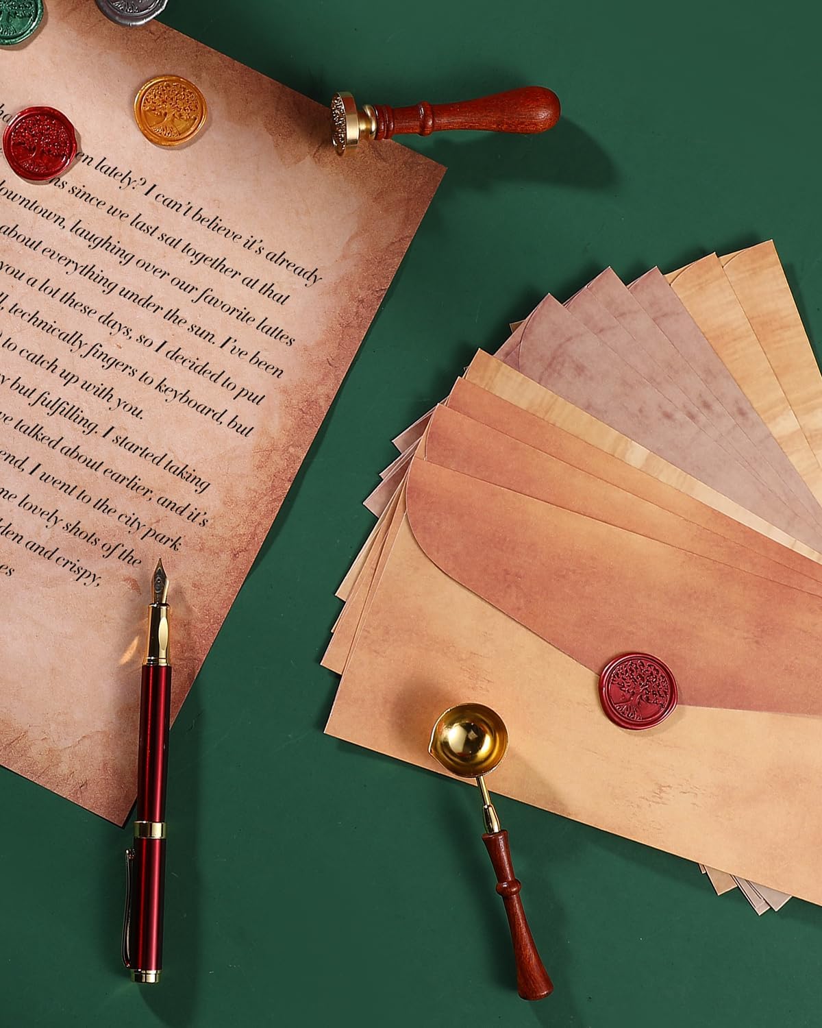 42Pcs Vintage Paper and Envelopes Set, 15 Stationary Letter and Envelopes, 8 Wax Seal Sticks, Wax Spoon, Life Tree Stamp and 2 Tea Candles for Xmas Wedding Party Invitation Love Letter