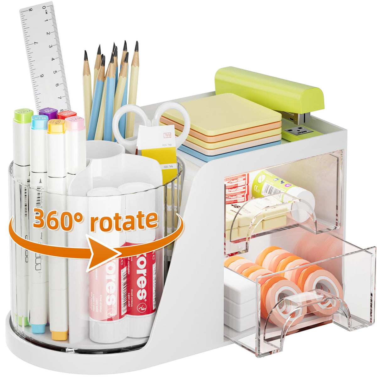 Marbrasse Desk Organizer with 2 Drawer, 360°Rotating Pen Holder, Desk Organizers and Accessories with 6 Slots Pencil Holder + 2 Drawer, Art Supply Storage Box Caddy for Office (Black)