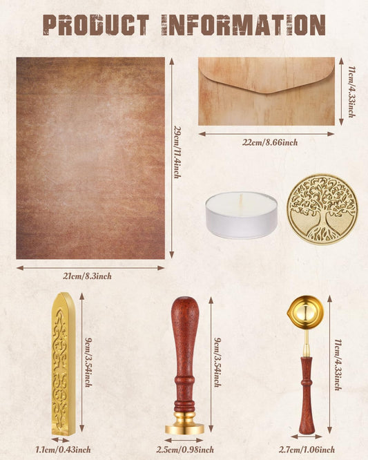 42Pcs Vintage Paper and Envelopes Set, 15 Stationary Letter and Envelopes, 8 Wax Seal Sticks, Wax Spoon, Life Tree Stamp and 2 Tea Candles for Xmas Wedding Party Invitation Love Letter