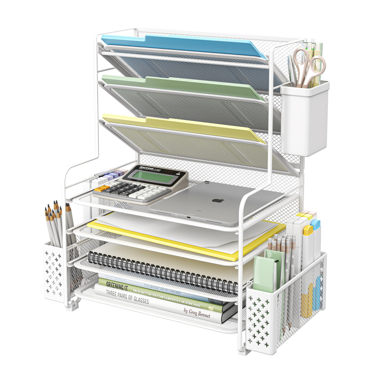 Simple Trending 7 Tier Desk File Organizer, Letter Tray Paper Organizer with Pen Holder and Metal Hanging Basket, Green
