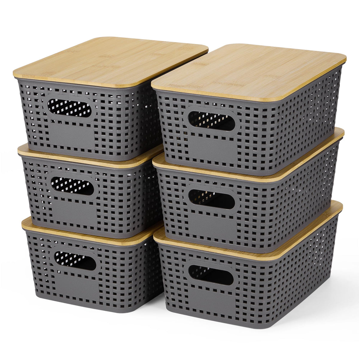 Ohmlove 6 Pack Plastic Storage Baskets with Bamboo Lids for Organization
