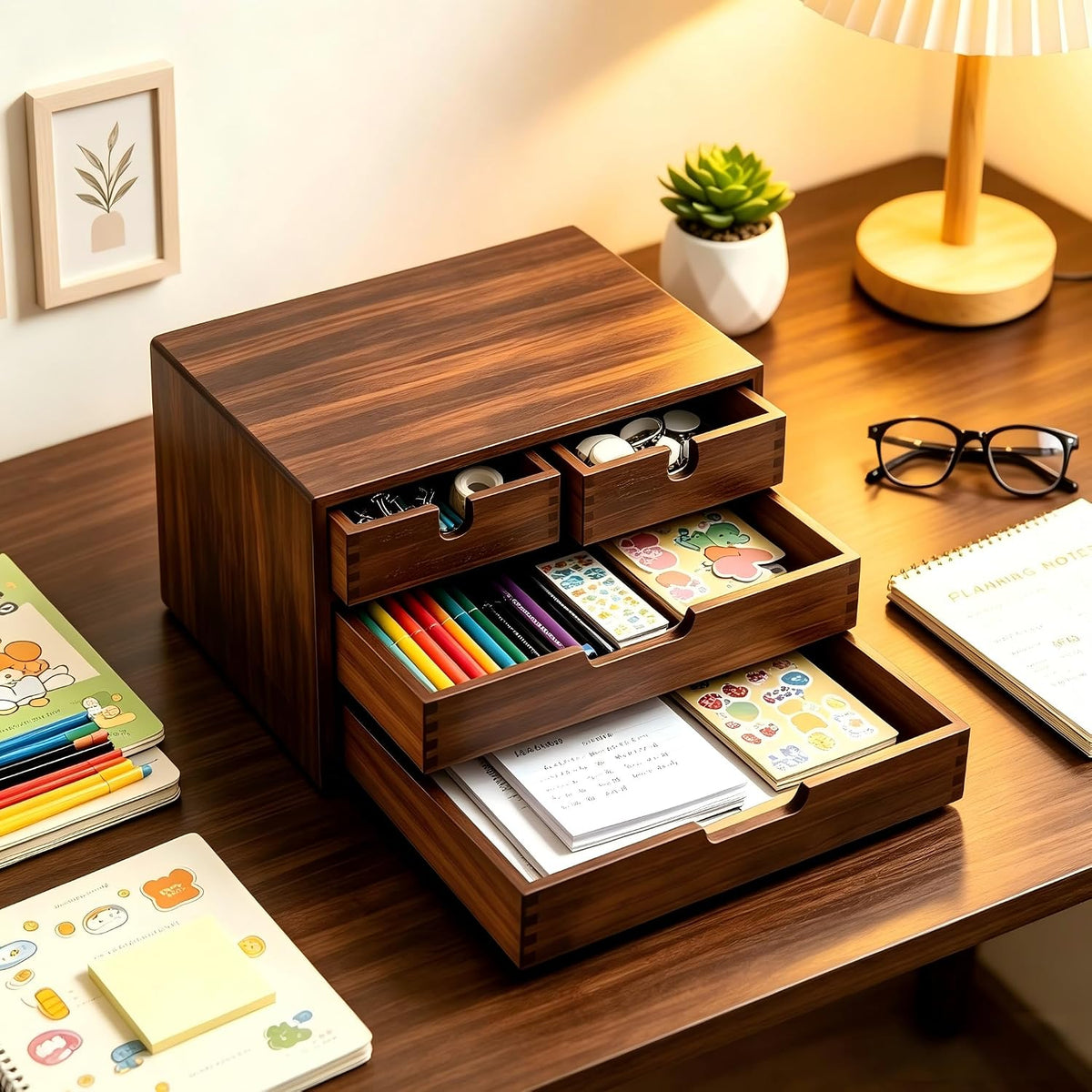 DEAYOU Bamboo Desk Organizer, 100% Natural Bamboo Desktop Drawer Organizer, Dark Brown Tabletop Storage Cabinet Organization Box with 4 Drawer for Makeup, Letter, Home, 3 Layer, Fully Assemble