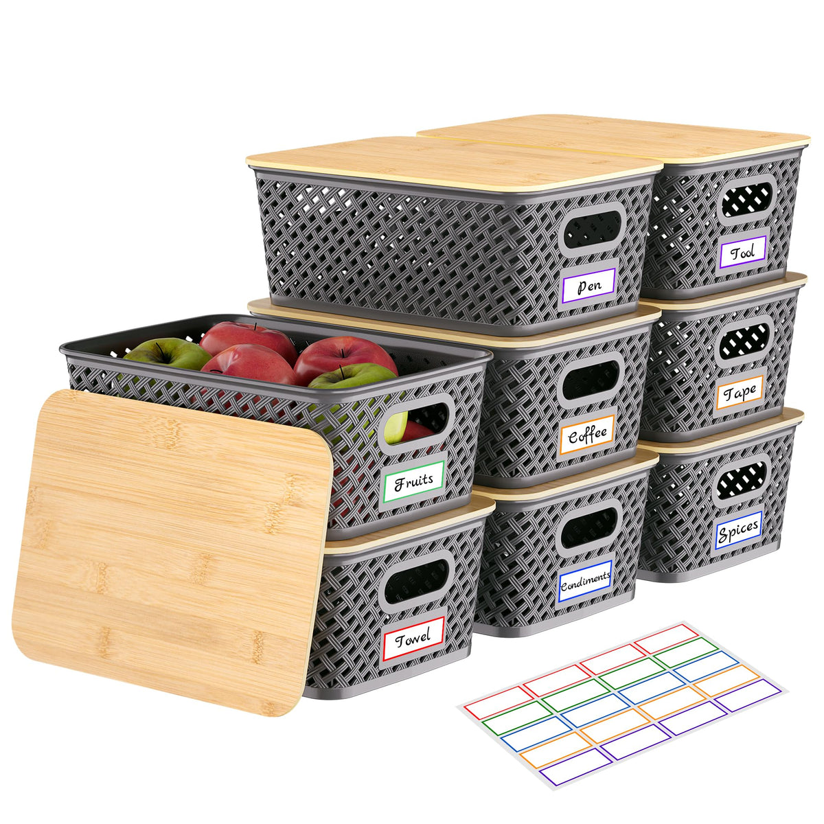 Anysig 8 Pack Plastic Storage Bins with Bamboo Lids, 5.2 QT Stackable Bins