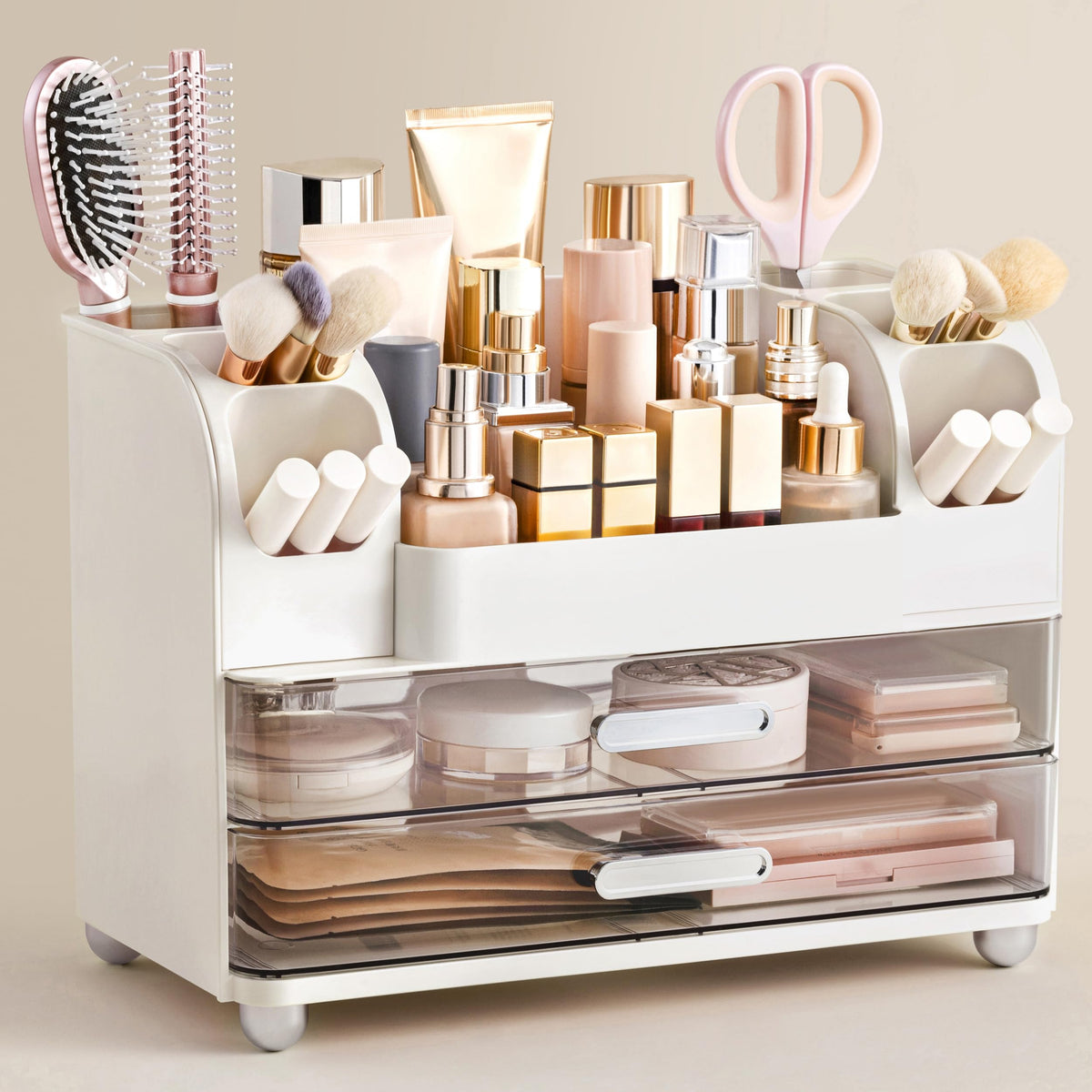 HBlife Makeup Organizer for Vanity with Brush Holder, Large Bathroom Countertop Cosmetic Organizer Skin Care Storage, Easy to Store Lipsticks, Nail Polishes, Perfumes, Eyeshadow Palettes, Beige
