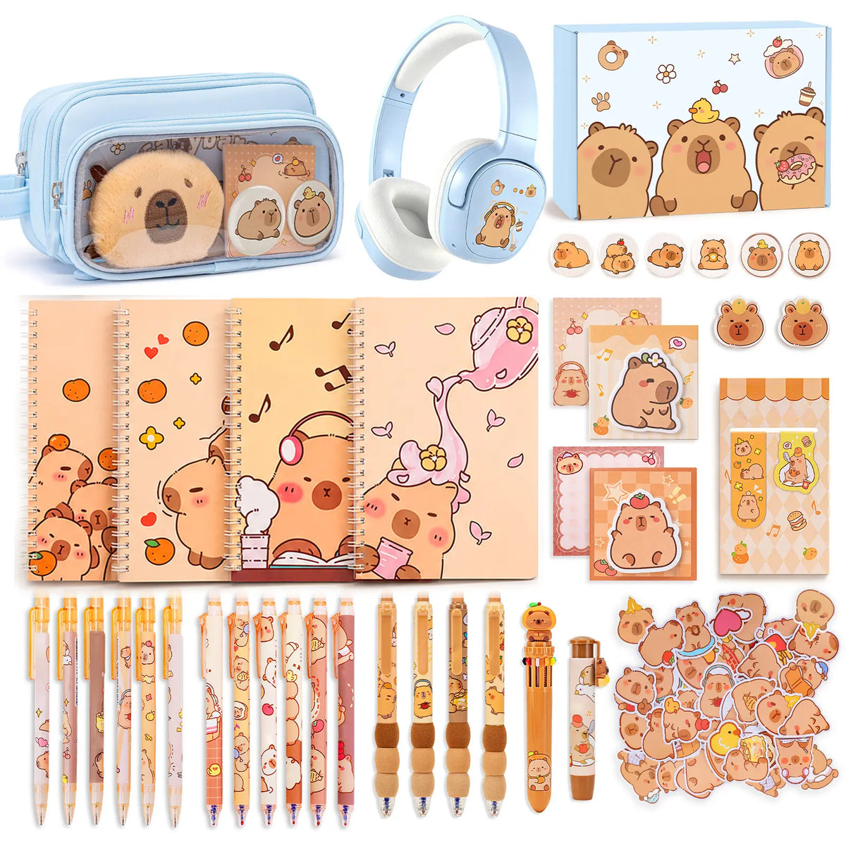 Similove Lightweight Capybara Print Kawaii Stationery Set - Pencil Pouch, Gel Pens, Mechanical Pencils, Stickers, Pins, Notebooks, Sticky Notes, Office Accessories, Teen Girl Gifts, Back to School Supplies,sohochic
