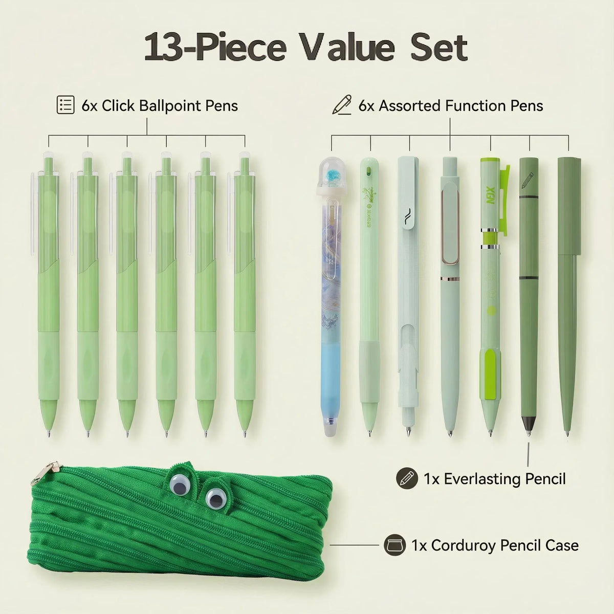 Rarler 13 PCS Smart Pen Set with Monster Pencil Case 8 Unique Types 1 Twist 1 Everlasting 1 Grip 1 Click 1 Retractable 1 Agile 1 Erasable Gel 6 0.5mm Ballpoint Pens for School Study Exams, Ballpen Set, Back To School, School Supplies
