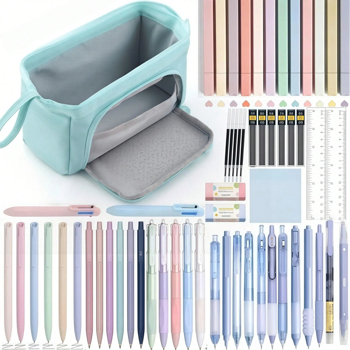 61PCS Aesthetic Office School Classroom Supplies with Large Pencil Case, Black Ink 0.5 mm Fine Point Smooth Writing Gel Pens, Mechanical Pencils Set, 12 Highlighters, Sticky Notes, Stationery Bag, Back to School Kit for Teens, Girls, Adults and Students
