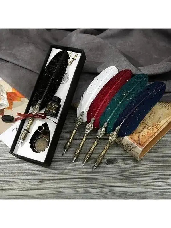 Vintage Feather Pen and Ink Set, Classic Series Goose Quill Pen with Carving Pen Stand, Calligraphy Pen Nibs, Black Dip Pen Ink, Antique Writing Gift for Birthdays & Holidays,Classic Series Goose Quill Pen with Carving Pen Stand,birthday gift