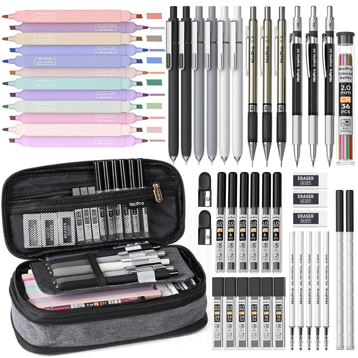 Nicpro 50 PCS Office Stationery Set with Pencil Pouch - Back to School Shopping Learning Tool, Classroom Supplies: 6 Gel Pens & Refills, 12 Highlighters for Highlighting, 6 Art Mechanical Pencils (0.5,0.7,0.9,2.0mm Tips), 12 Tube Lead Refills for Students
