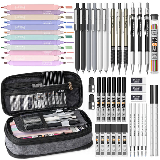 Nicpro 50 PCS Office Stationery Set with Pencil Pouch - Back to School Shopping Learning Tool, Classroom Supplies: 6 Gel Pens & Refills, 12 Highlighters for Highlighting, 6 Art Mechanical Pencils (0.5,0.7,0.9,2.0mm Tips), 12 Tube Lead Refills for Students