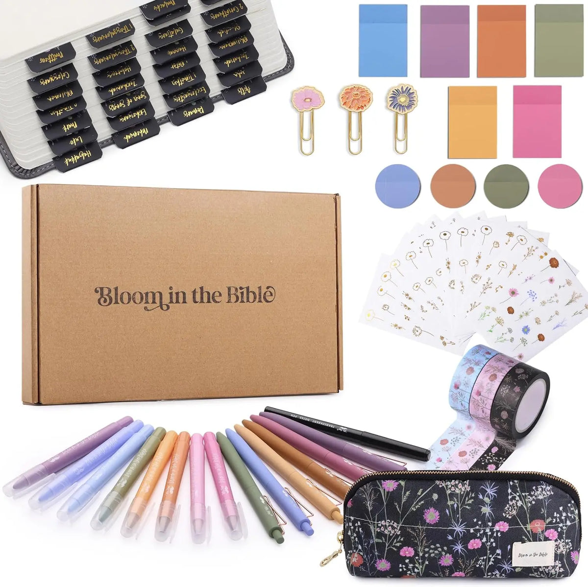 Mr. Pen Floral Design Office Supplies Kit - Gift-Ready Bible Journaling Set with Ruled Margins, Gel Ink Pens, Gel Highlighters, Transparent Sticky Notes, Decorative Bible Tabs, 14 Floral Sticker Sheets for Layered Journaling, Personal Study Time