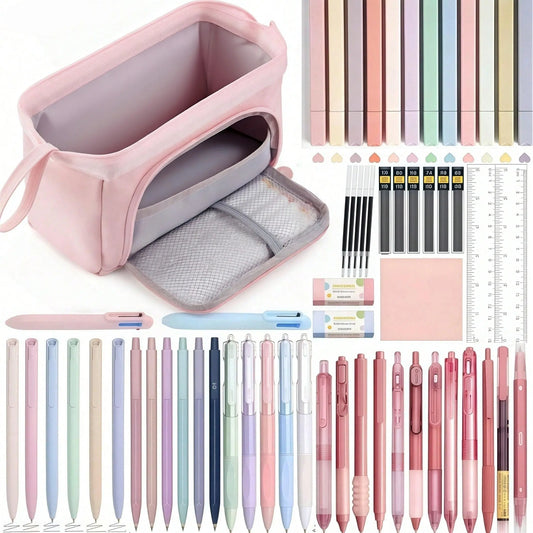 61PCS Aesthetic Office School Classroom Supplies with Large Pencil Case, Black Ink 0.5 mm Fine Point Smooth Writing Gel Pens, Mechanical Pencils Set, 12 Highlighters, Sticky Notes, Stationery Bag, Back to School Kit for Teens, Girls, Adults and Students