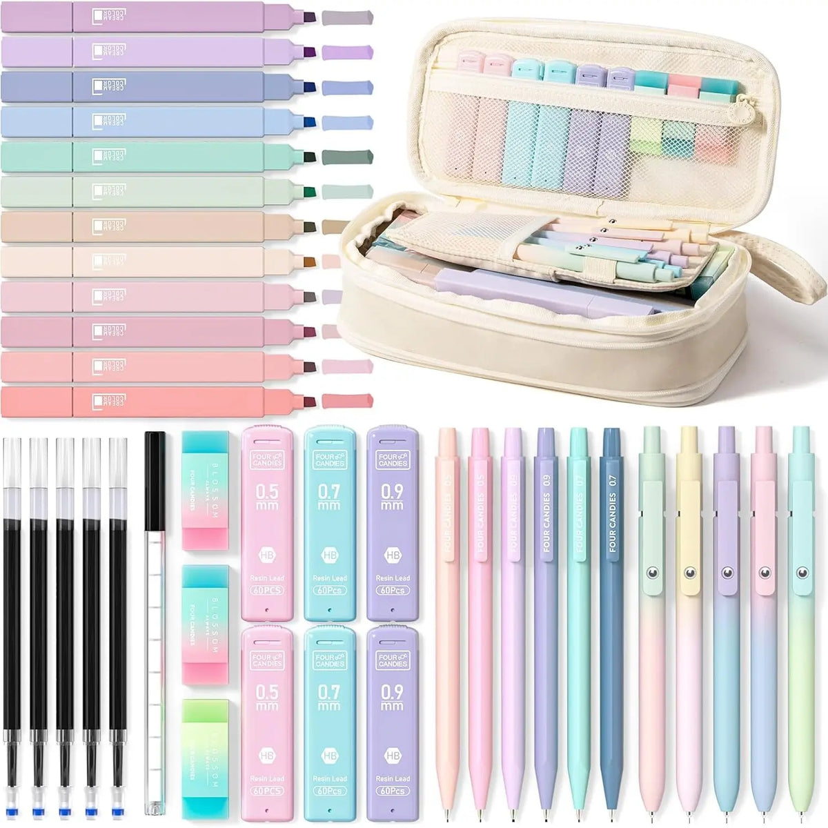 Four Candies 45 PCS Stationery Set with Pen Case, College Supplies and Nursing Student Essentials, 12 Pastel Highlighters, 6 Black Gel Pens, 6 Mechanical Pencils, Back to School Supplies Shopping