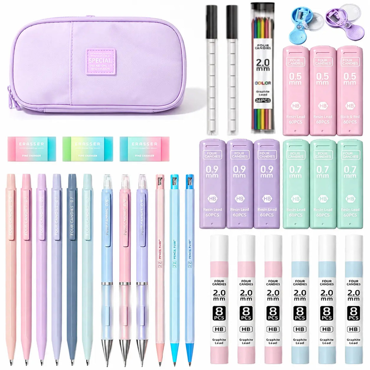Four Candies 36PCS Learning Materials, Aesthetic School Supplies in Large Capacity Pencil Case, 12PCS Mechanical Pencils 0.5-2.0mm with 624PCS Lead Refills,Cute Aesthetic Mechanical Pencils for Writing,Drawing & Drafting, Back to School Supplies Shopping