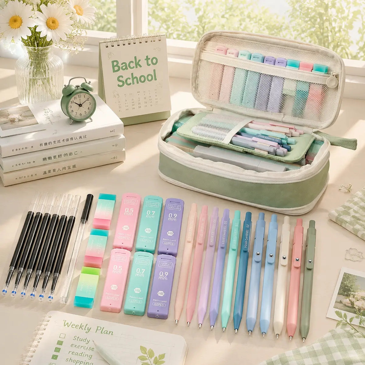 【Buy 1 Get Gift】back to school shopping Four Candies 56PCS Aesthetic School Supplies with Cute Pencil Case,6 Multicolor Pens,12 Pastel Highlighters, 5 Black Ink Gel Pens, 9 Mechanical Pencils for Student Essentials,girly office supplies,Writing Stationery