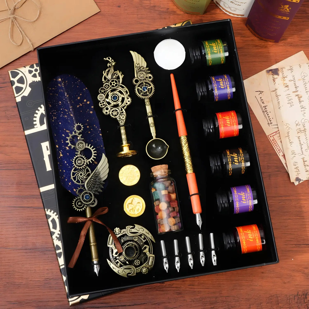 Retro Style Writing Pen Set, Specialty Pen, Aesthetic Pens, Unique Pens, Ink Set, 1 Set Exquisite Feather Writing Pen & Handmade Wax Set, Mother's Day Gifts, Writing Stationery Gift for School Office Home Dormitory, Set with Pen