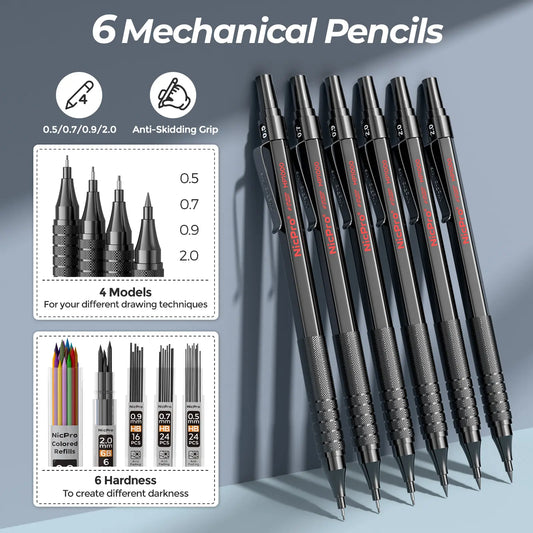 Nicpro 58-Piece Deluxe Leather Case Art Set - Office Stationery Kit with Sketchbook Art & Writing Tools, Artist Hand Drawn Supplies, Artist Quality Graphite Mechanical Pencils, 0.5/0.7/0.9/2mm Metal Drafting Pencils, 12-Micron Pen, 30 Lead Refills