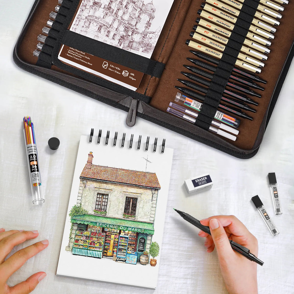 Nicpro 58-Piece Deluxe Leather Case Art Set - Office Stationery Kit with Sketchbook Art & Writing Tools, Artist Hand Drawn Supplies, Artist Quality Graphite Mechanical Pencils, 0.5/0.7/0.9/2mm Metal Drafting Pencils, 12-Micron Pen, 30 Lead Refills
