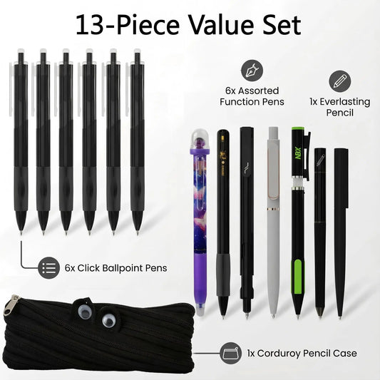 Rarler 13 PCS Smart Pen Set with Monster Pencil Case 8 Unique Types 1 Twist 1 Everlasting 1 Grip 1 Click 1 Retractable 1 Agile 1 Erasable Gel 6 0.5mm Ballpoint Pens for School Study Exams, Ballpen Set, Back To School, School Supplies
