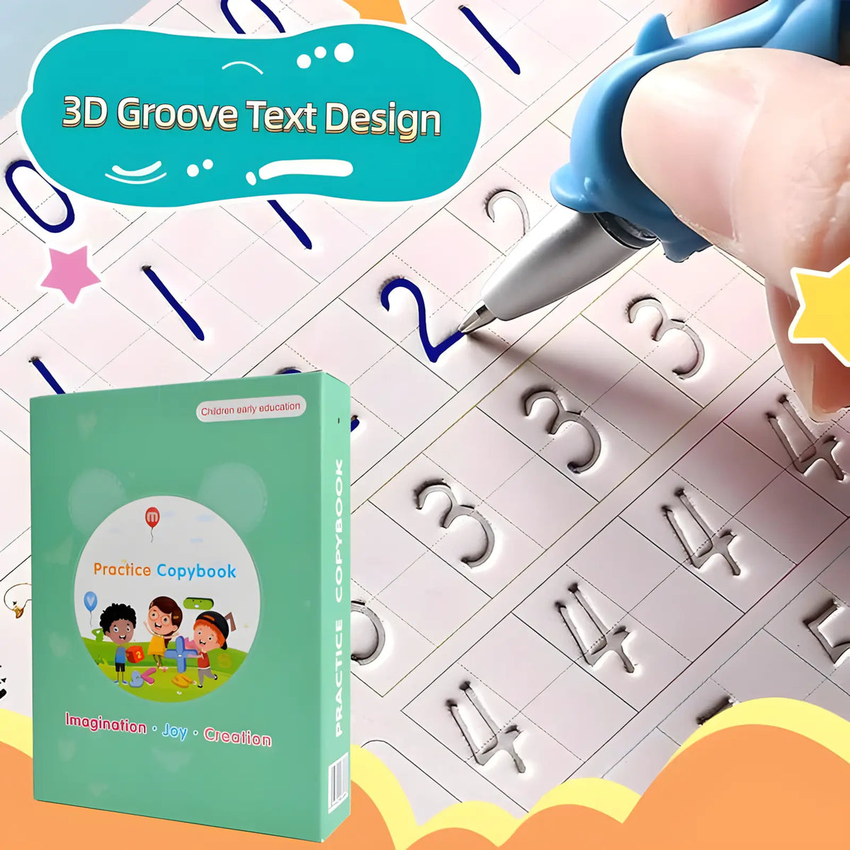 Reusable Disappearing Ink Handwriting Practice Copybook Set - 5 Books, 2 Pens, 10 Refills, 2 Pen-hold Silicone Grips, Thick Paper Groove Template, Back to School Kids Ages 3-10 Office Stationery School Supplies, Travel-friendly Gift