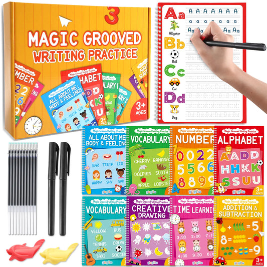 GISGFIM 8-Piece Magic Grooved Writing Practice Set, Disappearing Ink Pens & Reusable Groove Workbooks, Tear-Free Tracing for Kindergarten Kids, 10.2x7.3in Classroom-Learning-Study-Teaching Supplies, Back to School Shopping