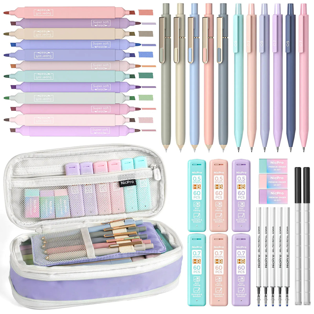 Nicpro Stationary Set - Office Supply Kit with Big Capacity Pen Box Kit, 6 Pastel 0.5-0.7mm Smooth-Writing Mechanical Pencils & Markers for Students (Back to School Hauls Study Supplies)
