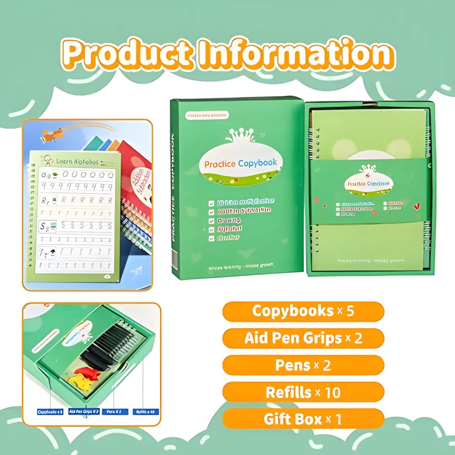 Reusable Disappearing Ink Handwriting Practice Copybook Set - 5 Books, 2 Pens, 10 Refills, 2 Pen-hold Silicone Grips, Thick Paper Groove Template, Back to School Kids Ages 3-10 Office Stationery School Supplies, Travel-friendly Gift