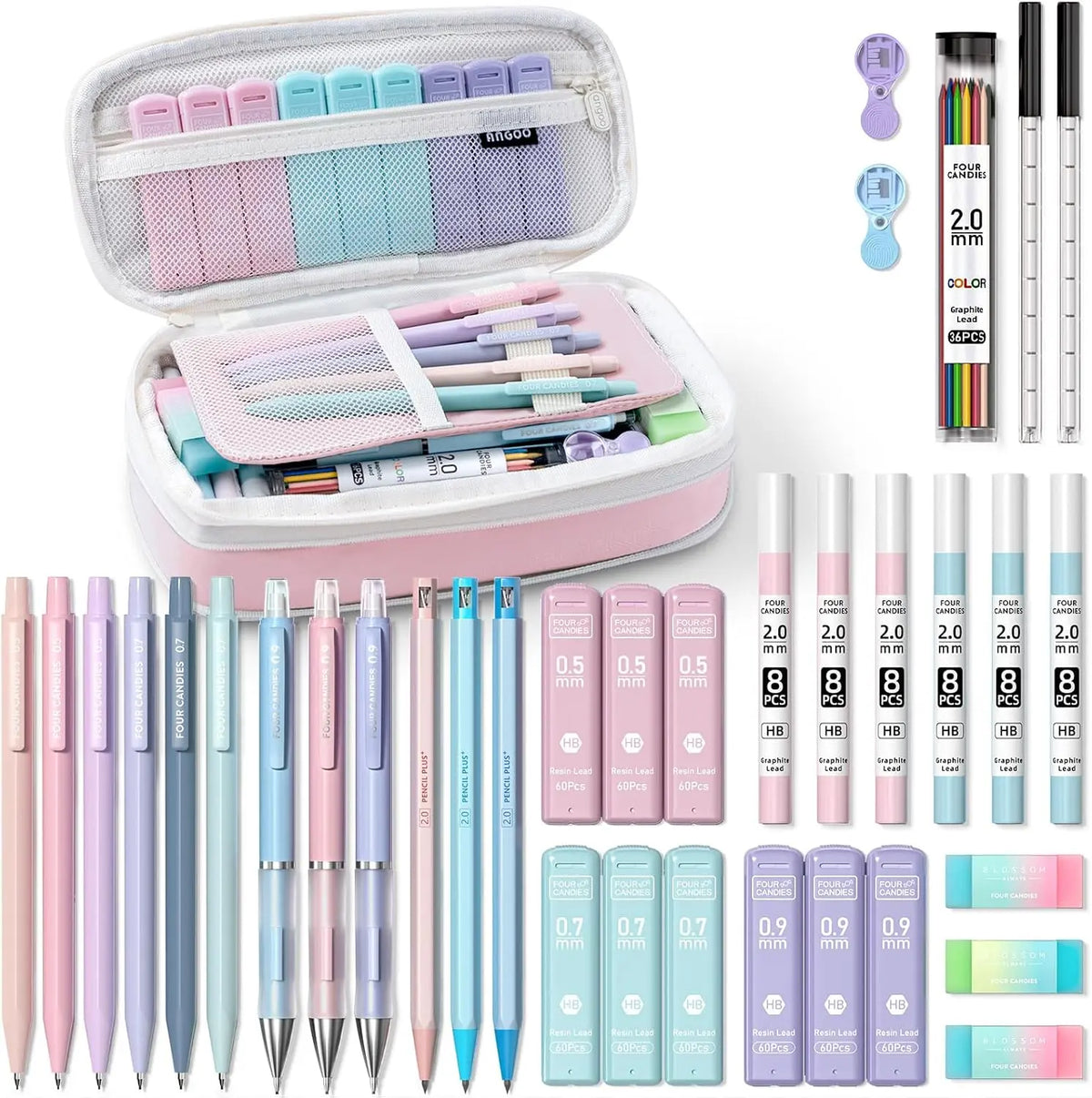4 Candies (New) Stationary Set - 36PCS Aesthetic Mechanical Pencils (0.5mm/0.7mm/0.9mm/2.0mm), 624PCS Lead Refills, Drawing Supplies Kit, Back to School Hauls Student Must-Have Pencil School Supply Sets for Writing/Drafting, Ideal Christmas Gift for Kids