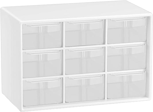 Small Drawer Organizer for Desk, 7.1" x 3. 8" x 4.6" Mini Desktop Drawer Organizer with 9 Clear Drawers, Plastic Desktop Craft Storage Box for Desk Office School Home (White)