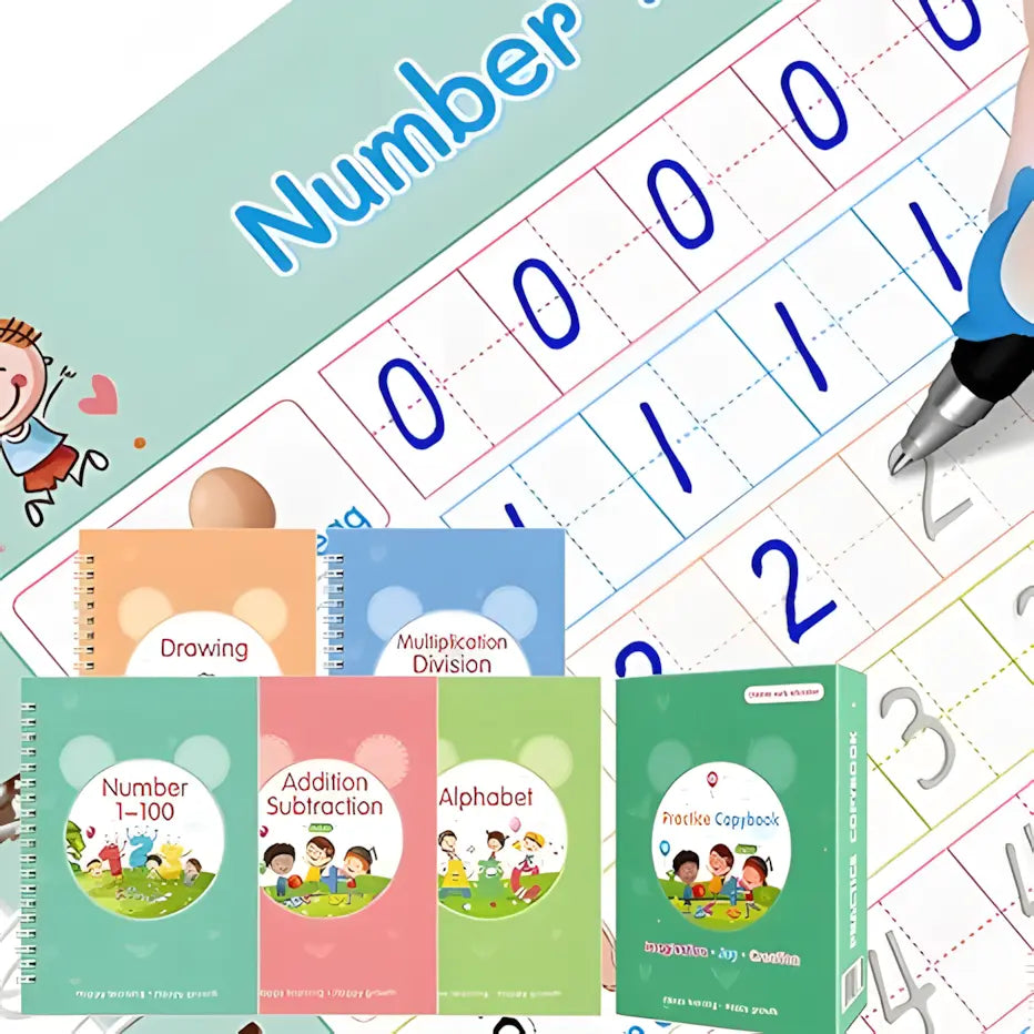 Reusable Disappearing Ink Handwriting Practice Copybook Set - 5 Books, 2 Pens, 10 Refills, 2 Pen-hold Silicone Grips, Thick Paper Groove Template, Back to School Kids Ages 3-10 Office Stationery School Supplies, Travel-friendly Gift
