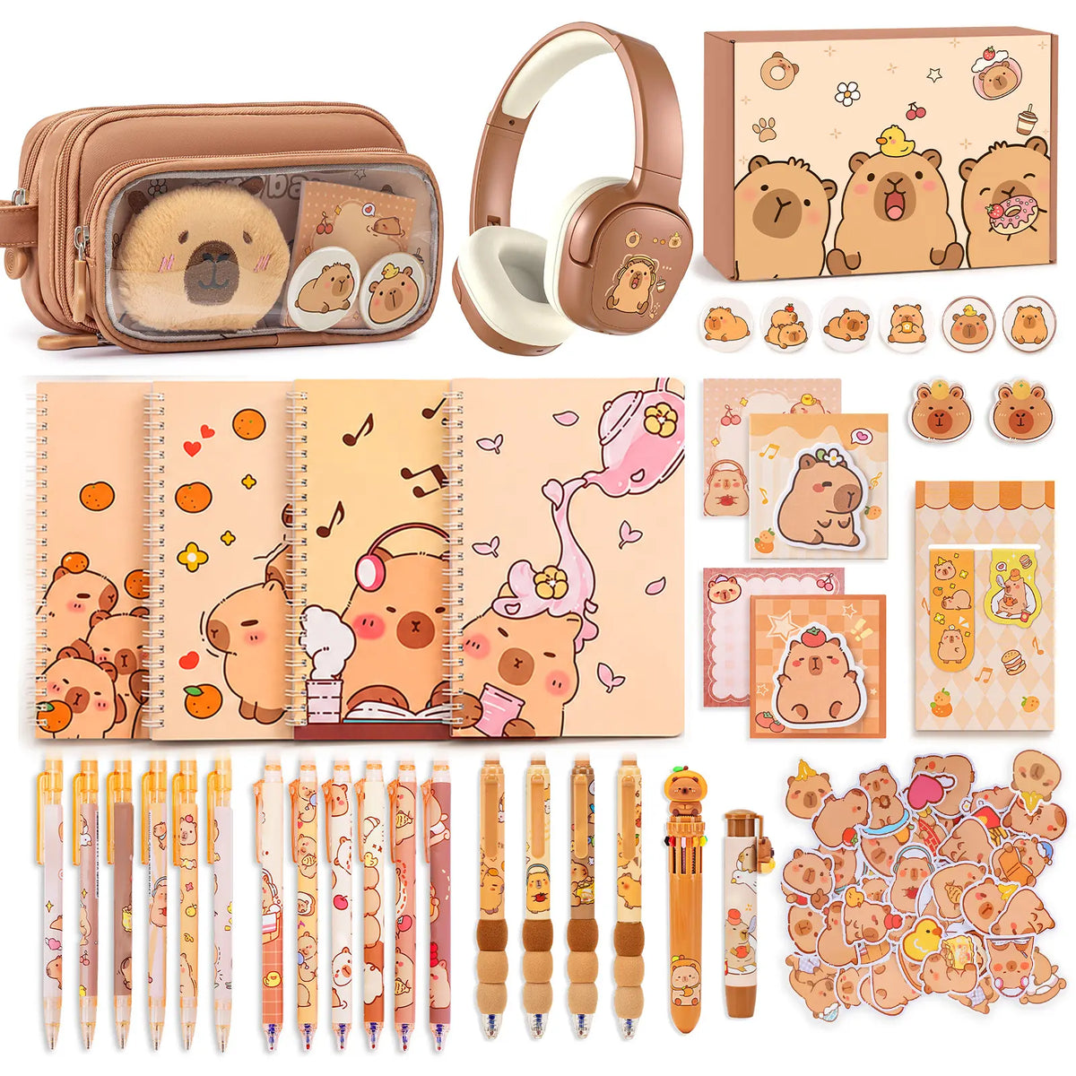 Similove Lightweight Capybara Print Kawaii Stationery Set - Pencil Pouch, Gel Pens, Mechanical Pencils, Stickers, Pins, Notebooks, Sticky Notes, Office Accessories, Teen Girl Gifts, Back to School Supplies,sohochic