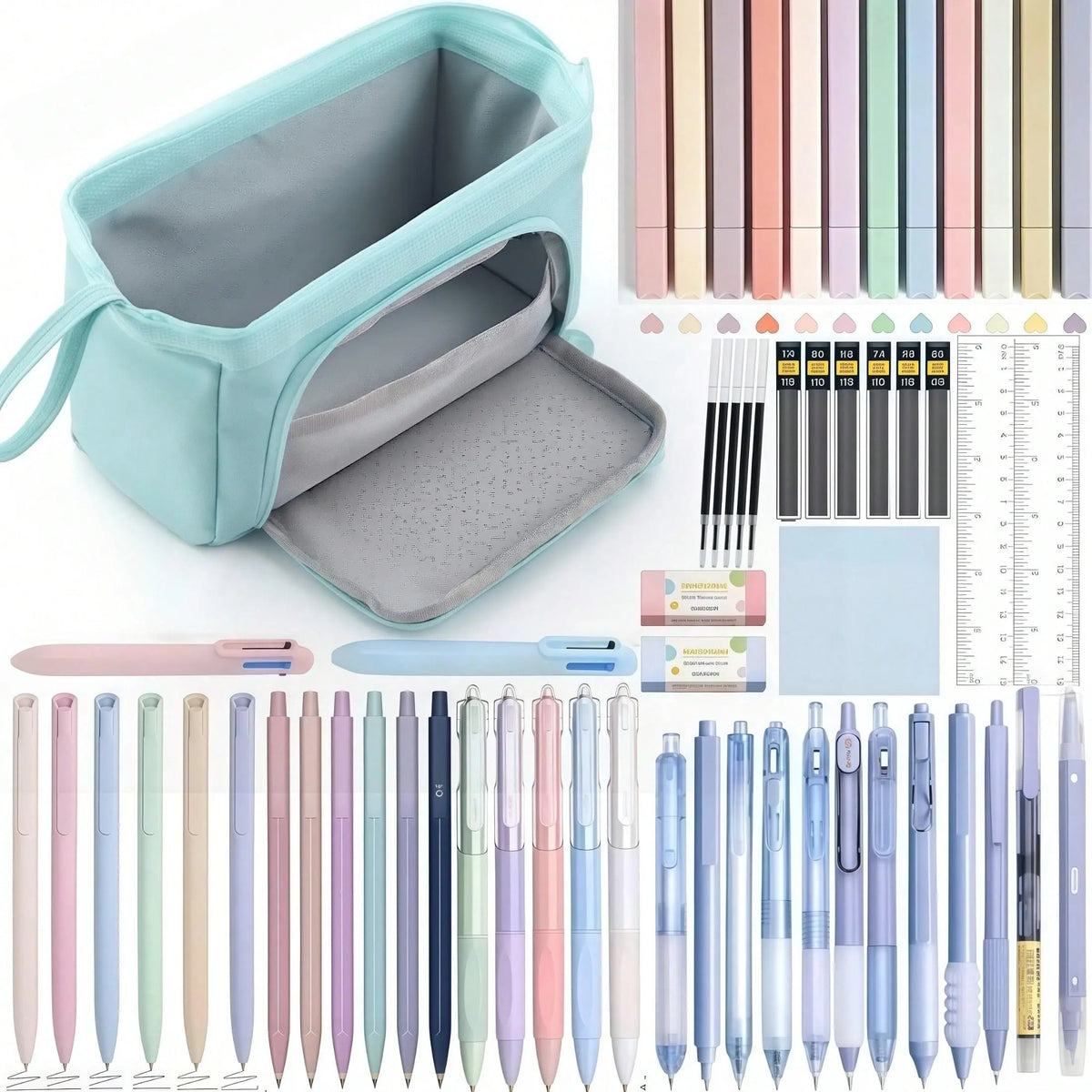 61PCS Aesthetic Office School Classroom Supplies with Large Pencil Case, Black Ink 0.5 mm Fine Point Smooth Writing Gel Pens, Mechanical Pencils Set, 12 Highlighters, Sticky Notes, Stationery Bag, Back to School Kit for Teens, Girls, Adults and Students