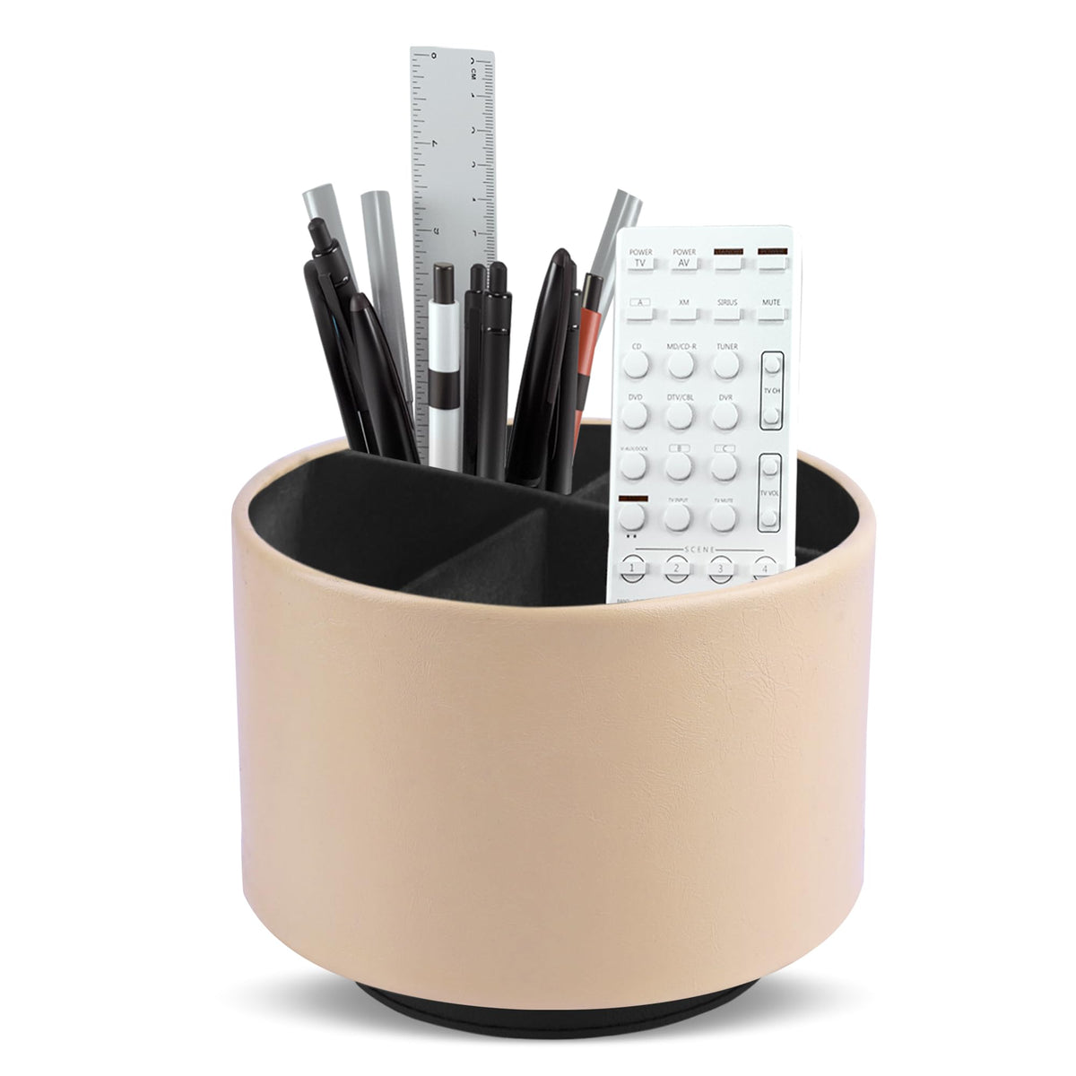 Round Leather Art Supply Organizer,Remote Control Holder,360 Degree Rotating,Multi-Functional Pencil Holder,4 Compartments Desktop Stationary Organizer(1-Fractal Flower)