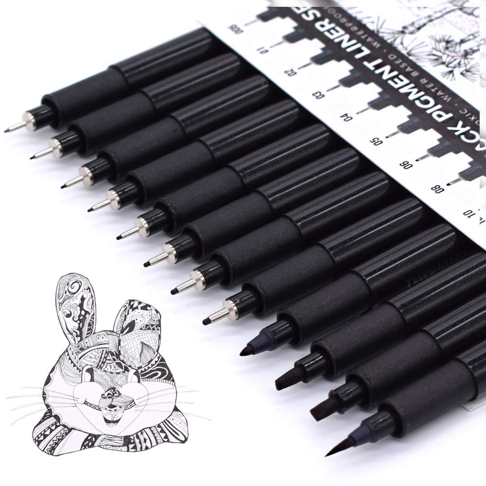 TWOHANDS Art Pen Drawing Marker Pens Fineliners, Set of 16, Black