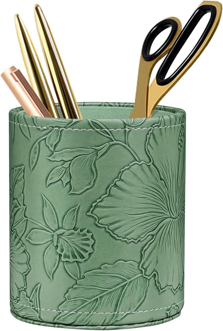 Round Leather Pen Holder for Desk, Desktop Organizer, (Carved Green)
