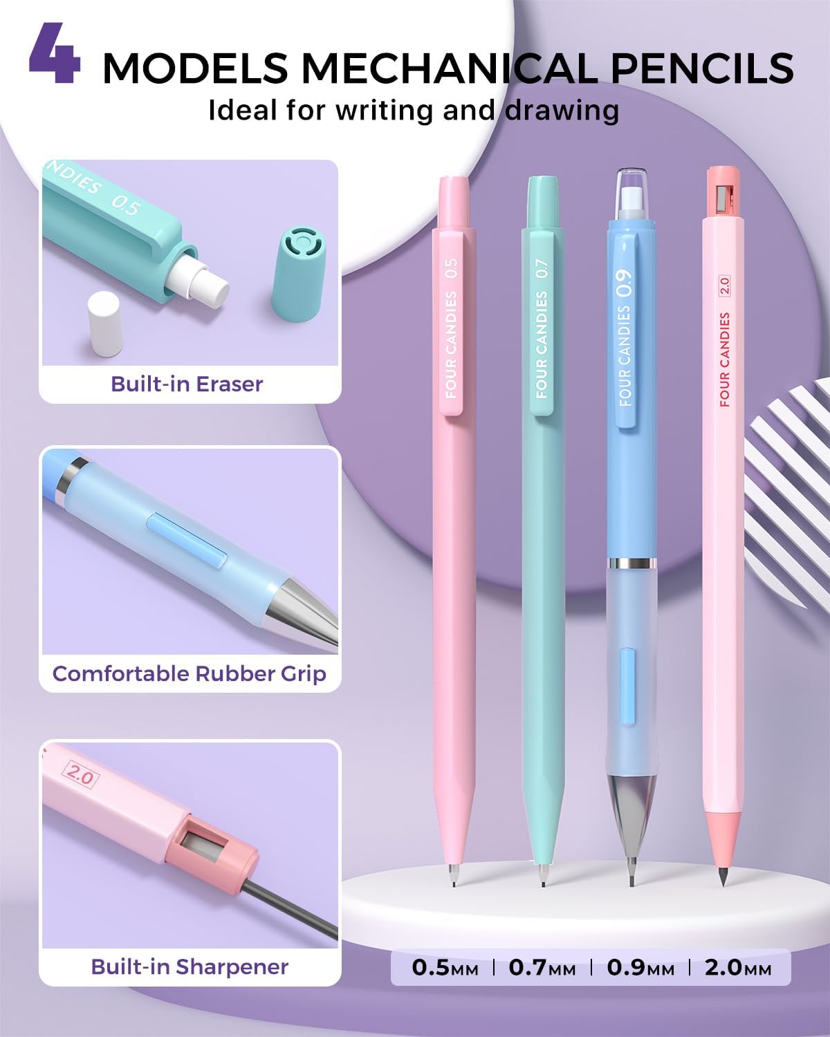 Four Candies 36PCS Mechanical Pencil Set with 624 Lead Refills (Pink)