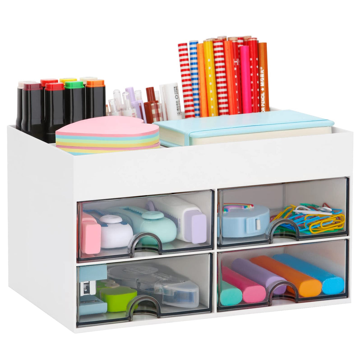 LETURE Office Desktop Organizer with Drawer, Desk Top Accessories Stationary Organizer Desk Caddy, Pen/Pencil/Business Card/Sticky Note Tray/Paperclip Holder Storage Box (Pink)