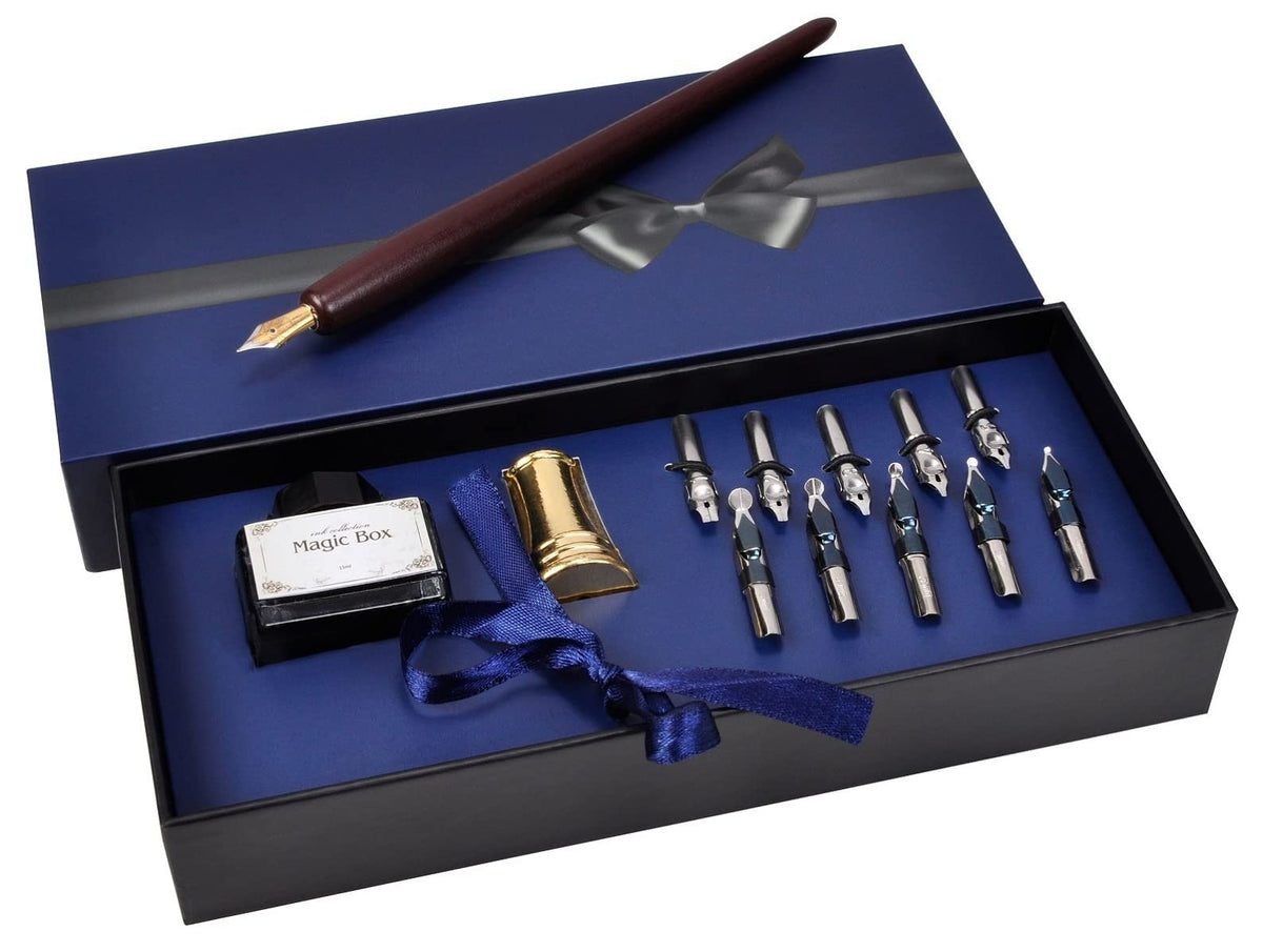 Calligraphy Pen Set – Includes Wooden Dip Pen, Antique Brass Holder, 11 Nibs, 7 Colors Ink Bottles and Beginner's Manual