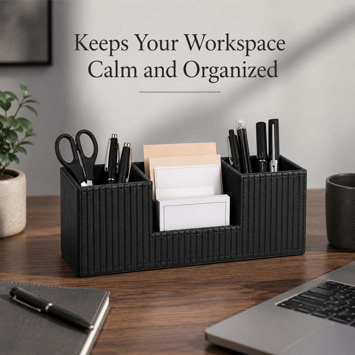 GORESE Pen Holder for Desk, PU Leather Desk Organizer for Office, Black