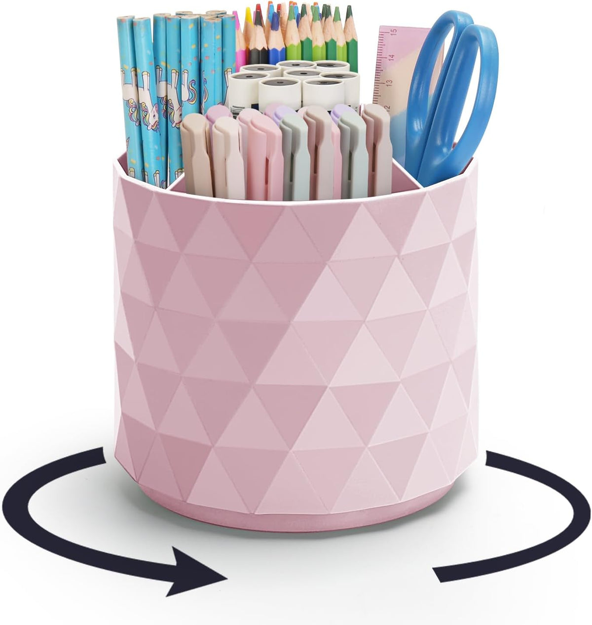 minimaliving Desk Organizer,Sparkling Diamond-like Pen Holder for Desk 360°Rotating Office Accessories,Pencil Cup with 5 Compartments Storage Box Caddy for Office,School,Home,Art Supply(Pink)