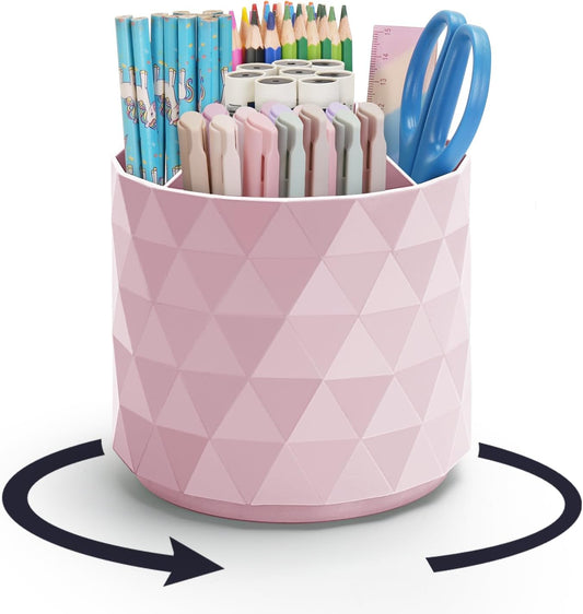 minimaliving Desk Organizer,Sparkling Diamond-like Pen Holder for Desk 360°Rotating Office Accessories,Pencil Cup with 5 Compartments Storage Box Caddy for Office,School,Home,Art Supply(Pink)