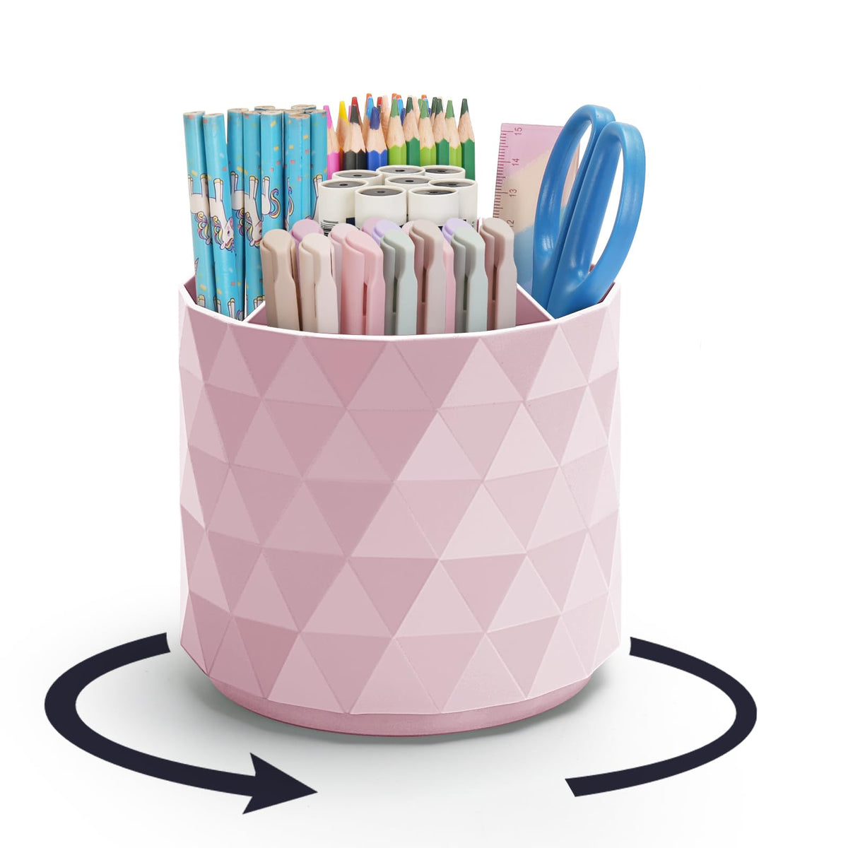 minimaliving Desk Organizer,Sparkling Diamond-like Pen Holder for Desk 360°Rotating Office Accessories,Pencil Cup with 5 Compartments Storage Box Caddy for Office,School,Home,Art Supply(Pink)
