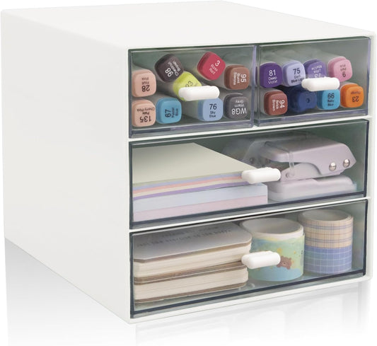 Desk Organizer with Drawer, Office Organizer with 4 Drawers, Desk Storage Box for, Desktop, Dressing table, Office, School, Home, Plastic Box and 4 Acrylic Drawers(White)