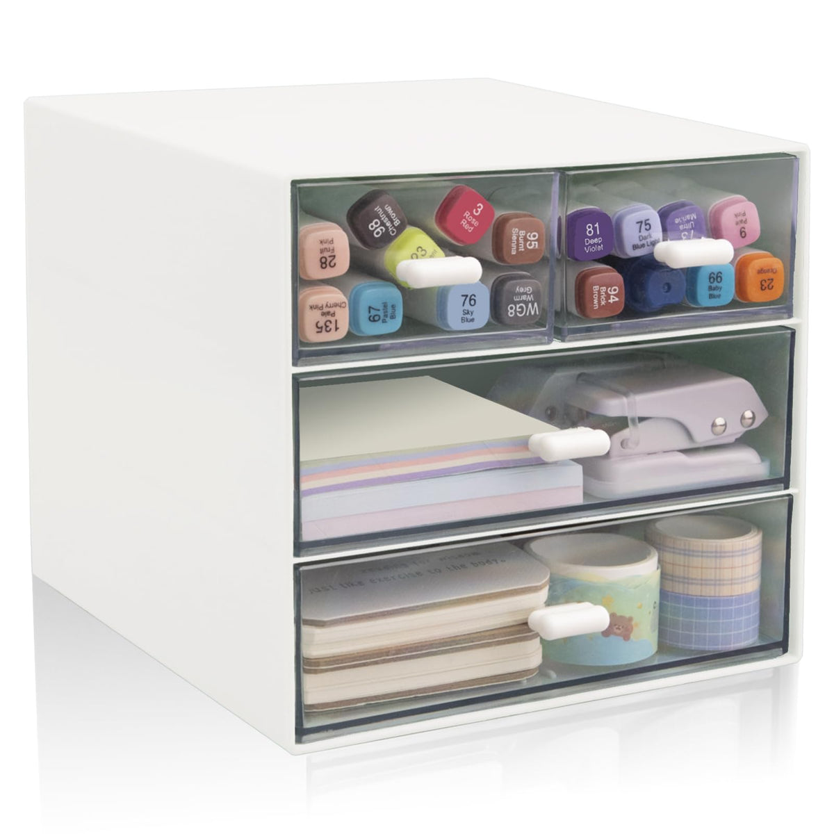 Desk Organizer with Drawer, Office Organizer with 4 Drawers, Desk Storage Box for, Desktop, Dressing table, Office, School, Home, Plastic Box and 4 Acrylic Drawers(White)